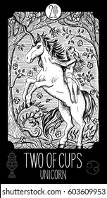  Two of cups. Unicorn. Minor Arcana Tarot card. Fantasy line art illustration. Engraved vector drawing. See all collection in my portfolio set.