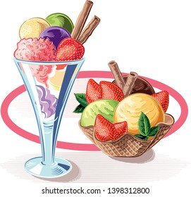 Two cups with various flavors of ice cream and ripe strawberries, enclosed in an oval, in vector.