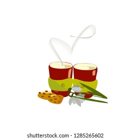 
two cups of warm coffee with cookies and snowdrops and smoke in the shape of a heart. Coffee together vector