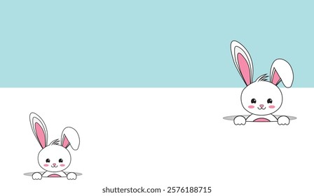 Two Curious Cartoon Bunnies Peeking Through Holes, Set Against a Soft Blue and White Background, Perfect for Easter or Springtime Celebrations,