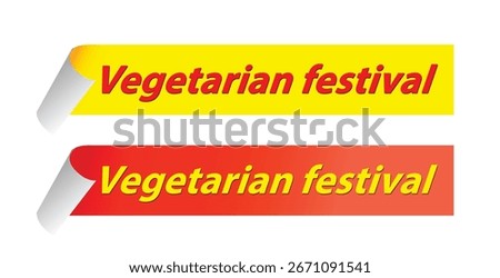 Two curled-edge ribbon stickers with “Vegetarian festival” text in bold red and yellow colors, representing the Thai vegetarian festival