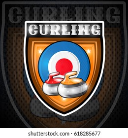 Two curling red and yellow stones on the circle curling target in center of shield. Sport logo for any team or championship