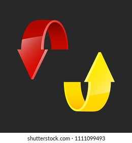Two curve arrow ribbon. 2 direction curve banner shape. Trend arrow stripe form flat icon. Index location. Pointer position. Marker standing. Indicator destination. Origami pointrs design shape set