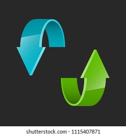 Two curve arrow ribbon. 2 direction curve banner shape. Trend arrow stripe form flat icon. Index location. Pointer position. Marker standing. Indicator destination. Origami pointrs design shape set