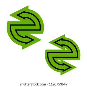 Two curve arrow ribbon. 2 direction curve banner shape. Trend arrow stripe form flat icon. Index location. Pointer position. Marker standing. Indicator destination. Origami pointrs design shape set