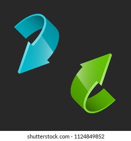 Two curve arrow ribbon. 2 direction curve banner shape. Trend arrow stripe form flat icon. Index location. Pointer position. Marker standing. Indicator destination. Origami pointrs design shape set