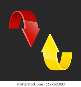 Two curve arrow ribbon. 2 direction curve banner shape. Trend arrow stripe form flat icon. Index location. Pointer position. Marker standing. Indicator destination. Origami pointrs design shape set