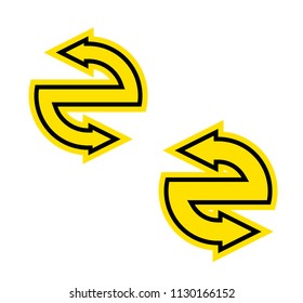 Two curve arrow ribbon. 2 direction curve banner shape. Trend arrow stripe form flat icon. Index location. Pointer position. Marker standing. Indicator destination. Origami pointrs design shape set