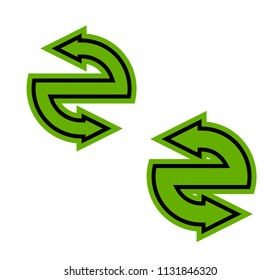 Two curve arrow ribbon. 2 direction curve banner shape. Trend arrow stripe form flat icon. Index location. Pointer position. Marker standing. Indicator destination. Origami pointrs design shape set