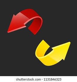 Two curve arrow ribbon. 2 direction curve banner shape. Trend arrow stripe form flat icon. Index location. Pointer position. Marker standing. Indicator destination. Origami pointrs design shape set