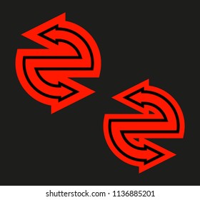 Two curve arrow ribbon. 2 direction curve banner shape. Trend arrow stripe form flat icon. Index location. Pointer position. Marker standing. Indicator destination. Origami pointrs design shape set