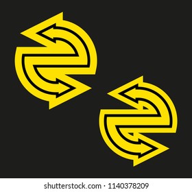 Two curve arrow ribbon. 2 direction curve banner shape. Trend arrow stripe form flat icon. Index location. Pointer position. Marker standing. Indicator destination. Origami pointrs design shape set