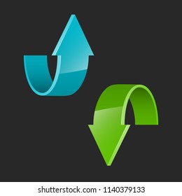 Two curve arrow ribbon. 2 direction curve banner shape. Trend arrow stripe form flat icon. Index location. Pointer position. Marker standing. Indicator destination. Origami pointrs design shape set