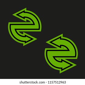 Two curve arrow ribbon. 2 direction curve banner shape. Trend arrow stripe form flat icon. Index location. Pointer position. Marker standing. Indicator destination. Origami pointrs design shape set
