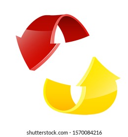 Two curve arrow ribbon. 2 direction round banner shape. Trend arrow stripe form flat icon. Index location. Pointer position. Marker standing. Indicator destination. Origami pointrs design shape set