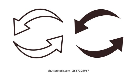 Two curved arrows forming a circular motion, one outlined, one filled. Isolated on white.