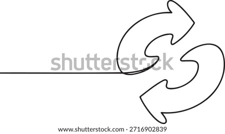 Two curved arrows forming a circular refresh symbol one line drawing illustrating concept of recycling renewal process loop continuity abstract.