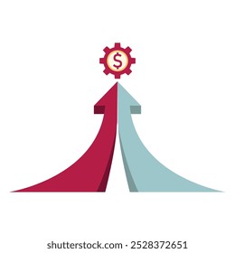 Two curved arrows, one red and one blue, merge upward toward a gear icon with a dollar symbol inside, symbolizing financial growth, collaboration, or business synergy.