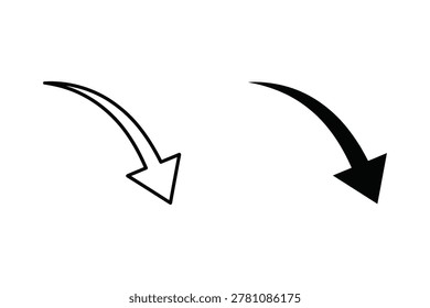 Two curved arrows pointing downwards. One is a simple outline, the other is solid black. Both show a downward trajectory.