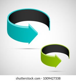 Two curved circle arrow ribbon. 2 direction round banner shape. Trend arrow stripe form, flat arrow icon. Vector pointer. Band banner