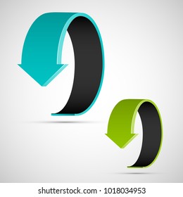 Two curved circle arrow ribbon. 2 direction round banner shape. Trend arrow stripe form, flat arrow icon. Vector pointer. Band banner