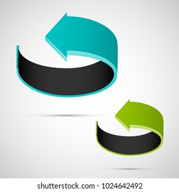 Two curved circle arrow ribbon. 2 direction round banner shape. Trend arrow stripe form, flat arrow icon. Vector pointer. Band banner