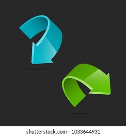 Two curved circle arrow ribbon. 2 direction round banner shape. Trend arrow stripe form, flat arrow icon. Vector pointer. Band banner