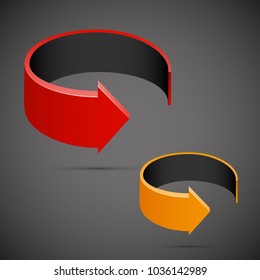 Two curved circle arrow ribbon. 2 direction round banner shape. Trend arrow stripe form, flat arrow icon. Vector pointer. Band banner