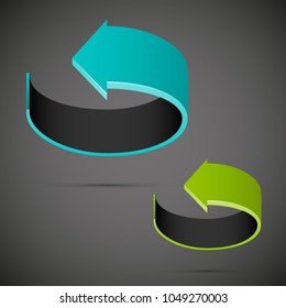 Two curved circle arrow ribbon. 2 direction round banner shape. Trend arrow stripe form, flat arrow icon. Vector pointer. Band banner