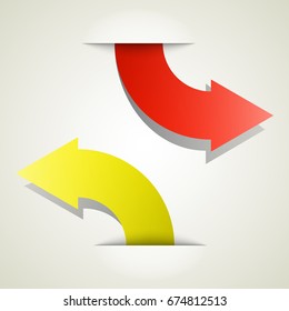 Two curved circle arrow ribbon. 2 direction round banner shape. Trend arrow stripe form, flat icon