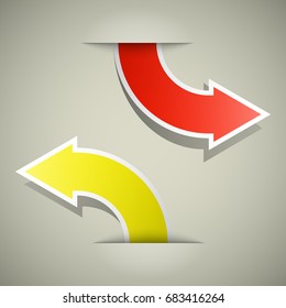 Two curved circle arrow ribbon. 2 direction round banner shape. Trend arrow stripe form, flat icon