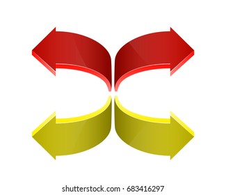 Two curved circle arrow ribbon. 2 direction round banner shape. Trend arrow stripe form, flat icon