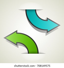 Two curved circle arrow ribbon. 2 direction round banner shape. Trend arrow stripe form, flat icon