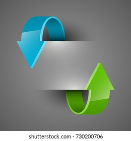 Two curved circle arrow ribbon. 2 direction round banner shape. Trend arrow stripe form, flat icon
