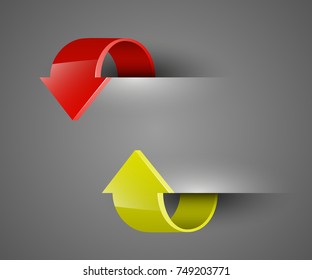 Two curved circle arrow ribbon. 2 direction round banner shape. Trend arrow stripe form, flat arrow icon. Vector pointer. Band banner
