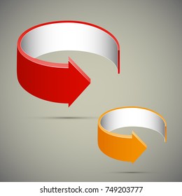 Two curved circle arrow ribbon. 2 direction round banner shape. Trend arrow stripe form, flat arrow icon. Vector pointer. Band banner