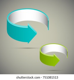 Two curved circle arrow ribbon. 2 direction round banner shape. Trend arrow stripe form, flat arrow icon. Vector pointer. Band banner