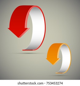 Two curved circle arrow ribbon. 2 direction round banner shape. Trend arrow stripe form, flat arrow icon. Vector pointer. Band banner