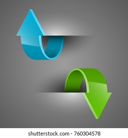 Two curved circle arrow ribbon. 2 direction round banner shape. Trend arrow stripe form, flat arrow icon. Vector pointer. Band banner