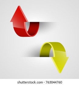 Two curved circle arrow ribbon. 2 direction round banner shape. Trend arrow stripe form, flat arrow icon. Vector pointer. Band banner