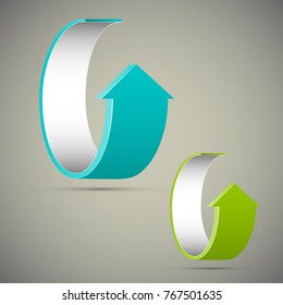 Two curved circle arrow ribbon. 2 direction round banner shape. Trend arrow stripe form, flat arrow icon. Vector pointer. Band banner