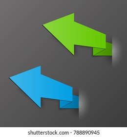 Two curved circle arrow ribbon. 2 direction round banner shape. Trend arrow stripe form, flat arrow icon. Vector pointer. Band banner