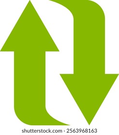 Two curved green arrows pointing up and down, symbolizing concepts like exchange, refresh, upload, download, import, export, give and take, or a two way process