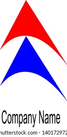 two curved triangles Heading up to top .Modern company logo with a red upward and blue downward arc, with "Company Name" below in black text. Ideal for branding, business identity, and professional pr