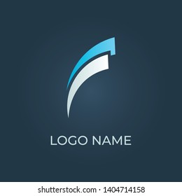 Two curving stripes that form up into alphabet letter f with blue and silver colours and isolated with teal background