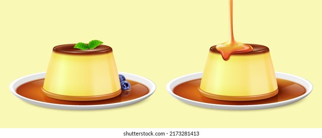 Two custard puddings on plates isolated on yellow background. One with topped mint leaves and served with blueberries, and the other drizzled with caramel syrup