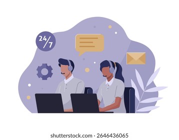 Two customer service agents work side by side on laptops with email and chat icons around them. Customer service vector illustration