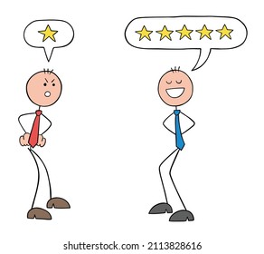 Two customer stickman businessman arguing with each other. One is not at all satisfied with the service or product and gives 1 star, while the other is satisfied and gives 5 stars.