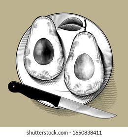 Two cut avocado halves and a knife on a round plate. Vintage engraving stylized drawing. Vector illustration