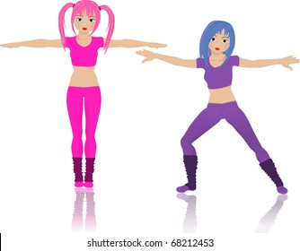 Two cut girls in gym clothes working out